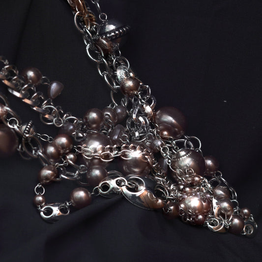 Layered Boho Necklace Faux Pearl Dangle Silver Tone