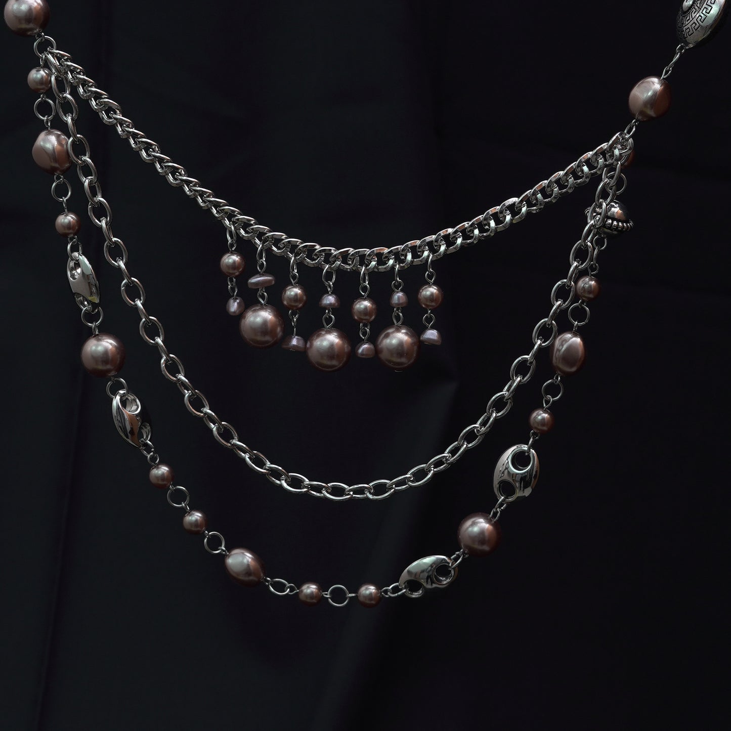 Layered Boho Necklace Faux Pearl Dangle Silver Tone