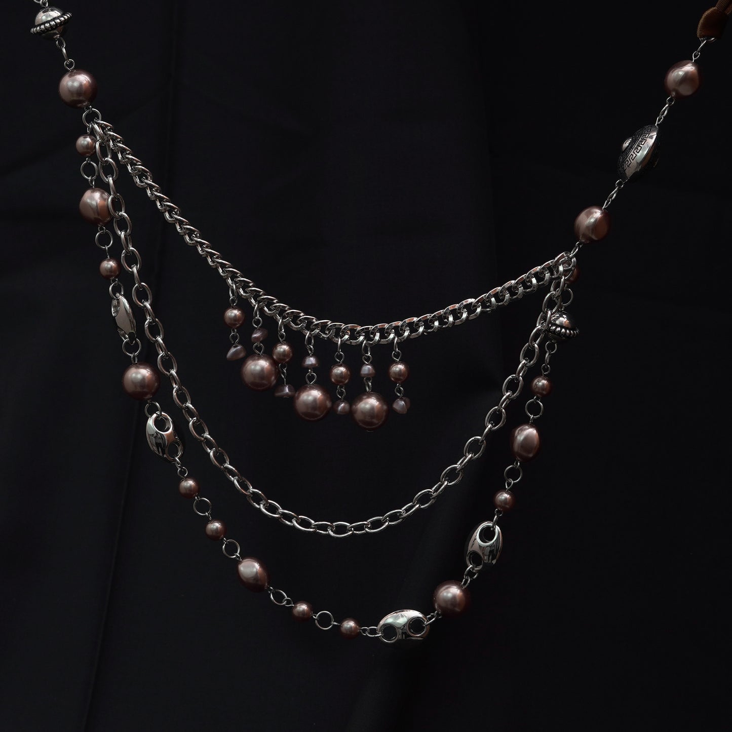 Layered Boho Necklace Faux Pearl Dangle Silver Tone
