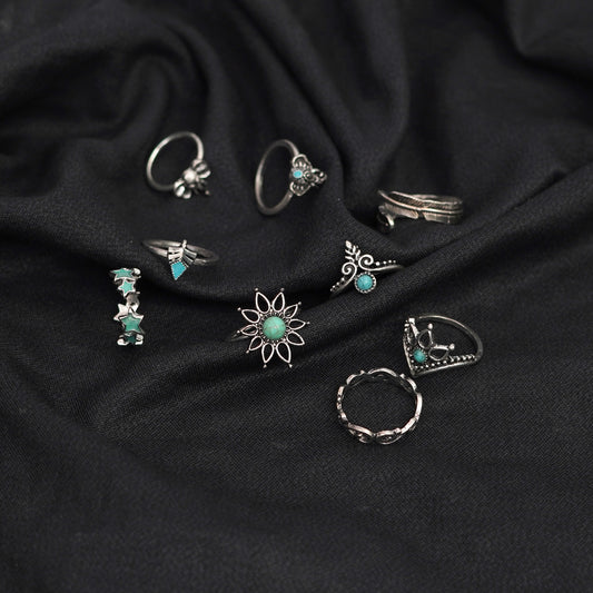9 Ethnic Style Flower Faux Gem Finger Rings