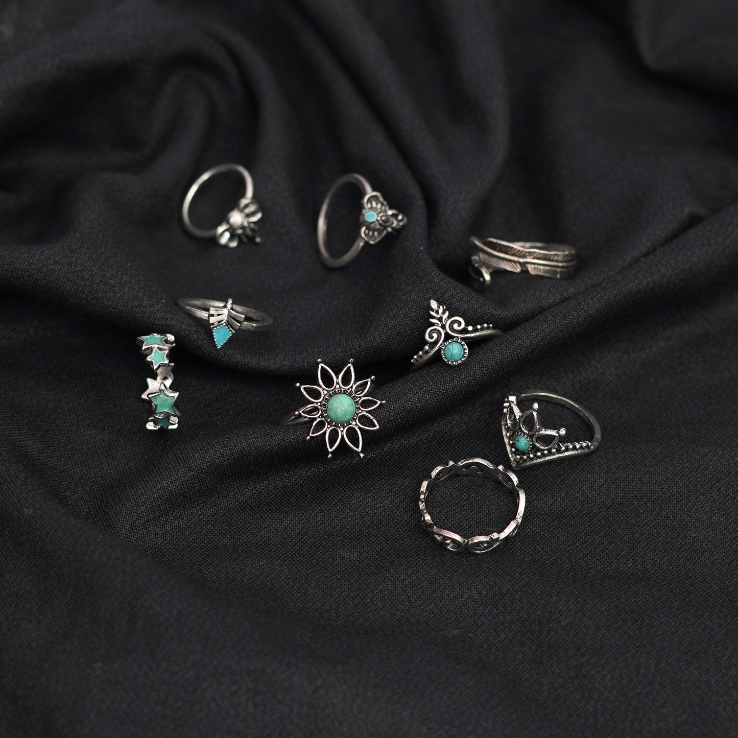 9 Ethnic Style Flower Faux Gem Finger Rings