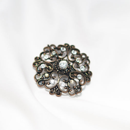 Dark Brown Matte Metal Round Filigree Brooch